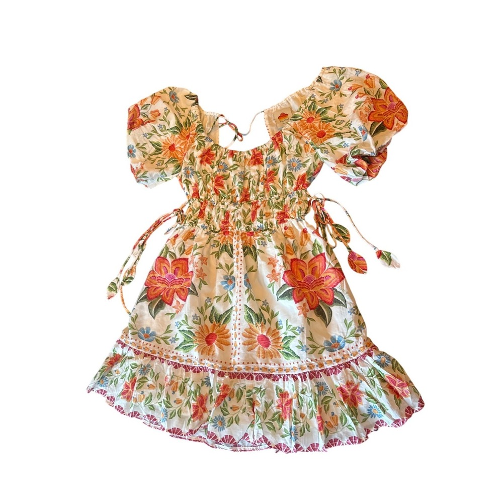 Farm Rio XS Floral Puff Sleeve Smocked Mini Dress Tie Ruffle Details Multicolor